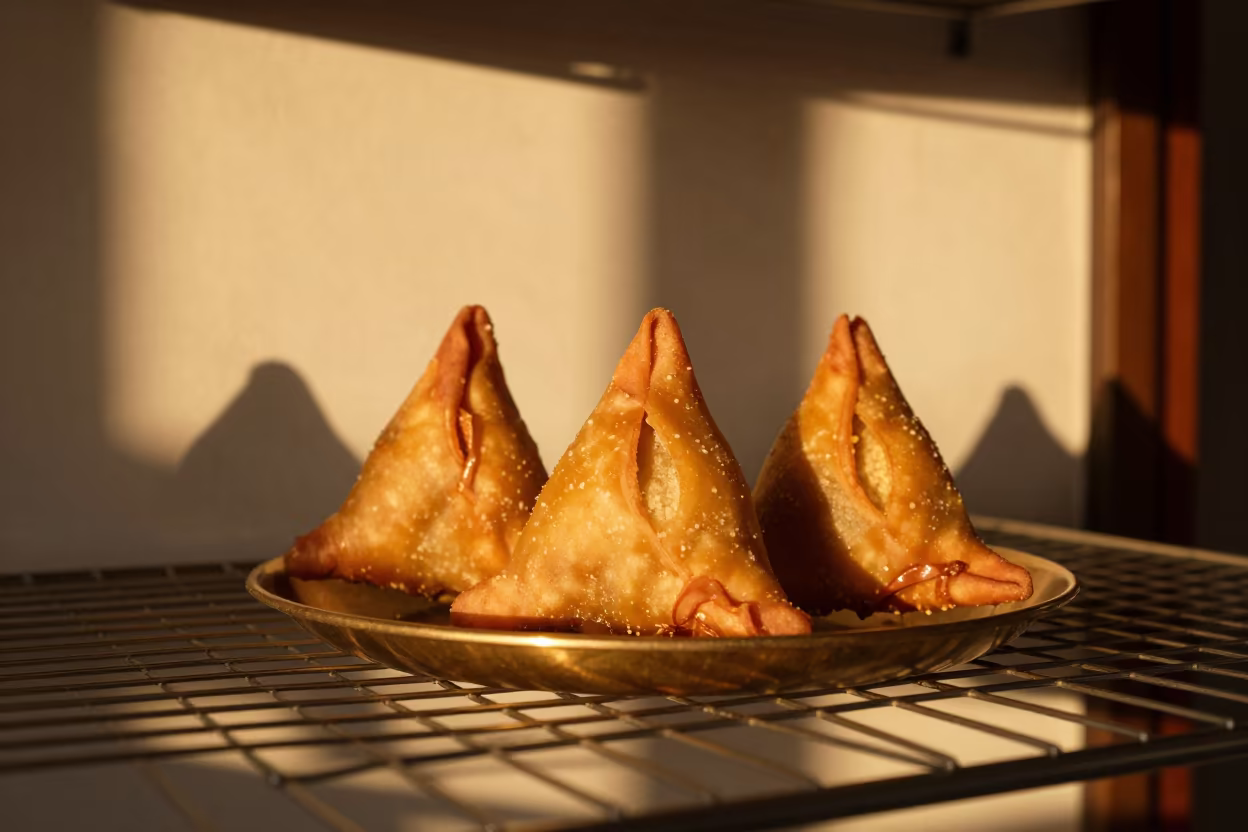 Samosas on Brass Plate at Saharanpur Bakery Sunset in on a bakery cooling rack in Saharanpur