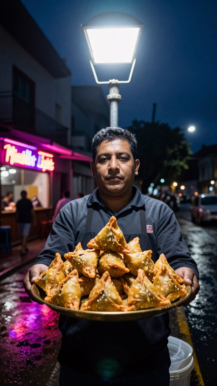 Samosas in Buenos Aires at Midnight Light in in Buenos Aires, Argentina