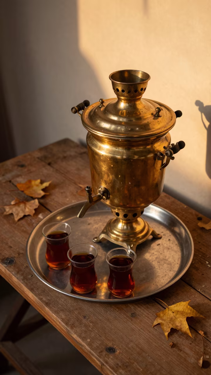 Samovar and Glasses on Autumn Workbench at Sunset in on a wooden workbench near Rohtak