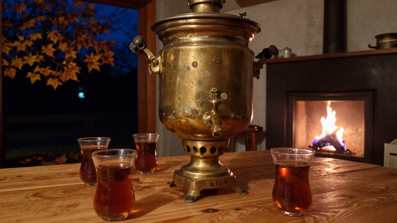Samovar and Tea Glasses in Night Firelight in on a wooden workbench in Leeds