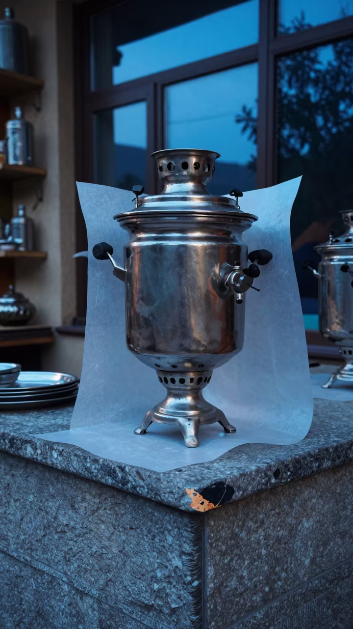 Samovar Under Tracing Paper at Tbilisi Market in at a market stall counter in Tbilisi