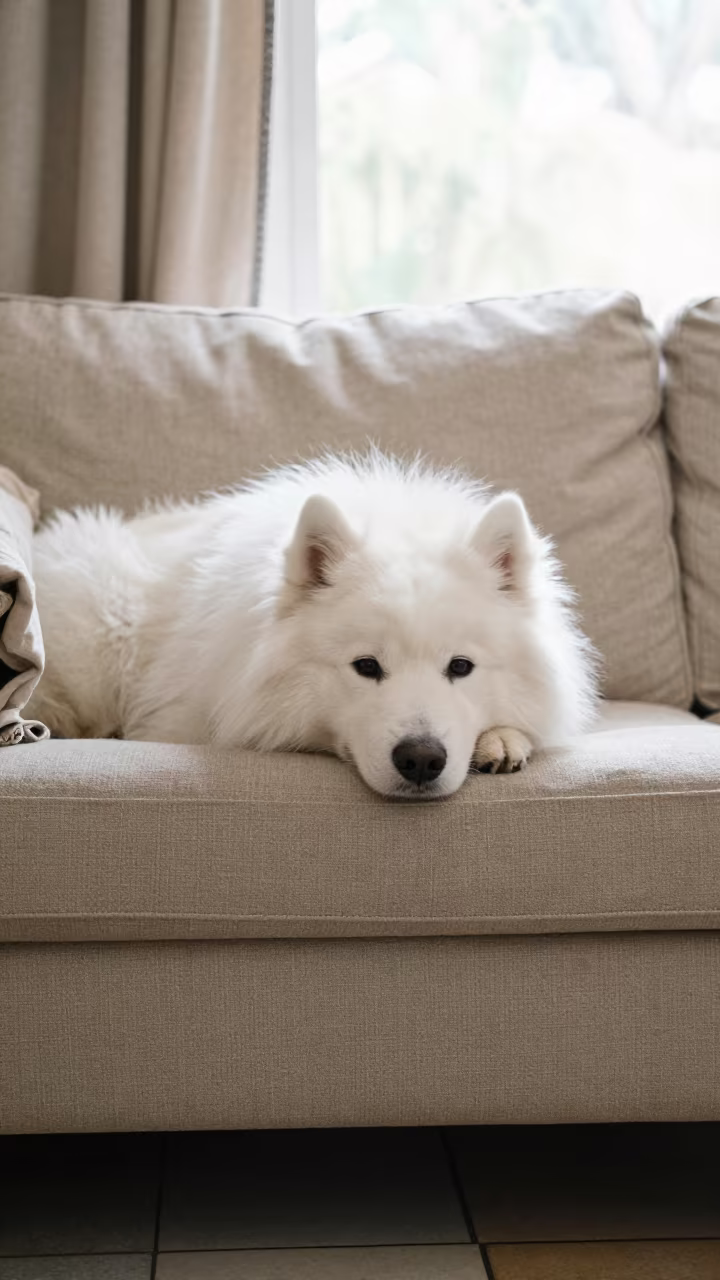 Samoyed Dog Resting on Linen Sofa in Sydney in on a linen sofa with daylight from a nearby window in Paddington, Sydney