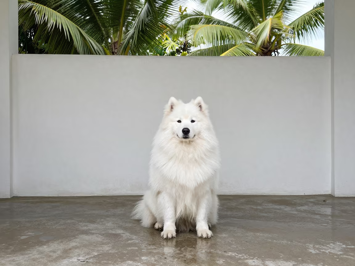 Samoyed on Shaded Porch in Delmas Rainy Season in beside a plain courtyard wall in clear daylight with the animal at eye level near Delmas