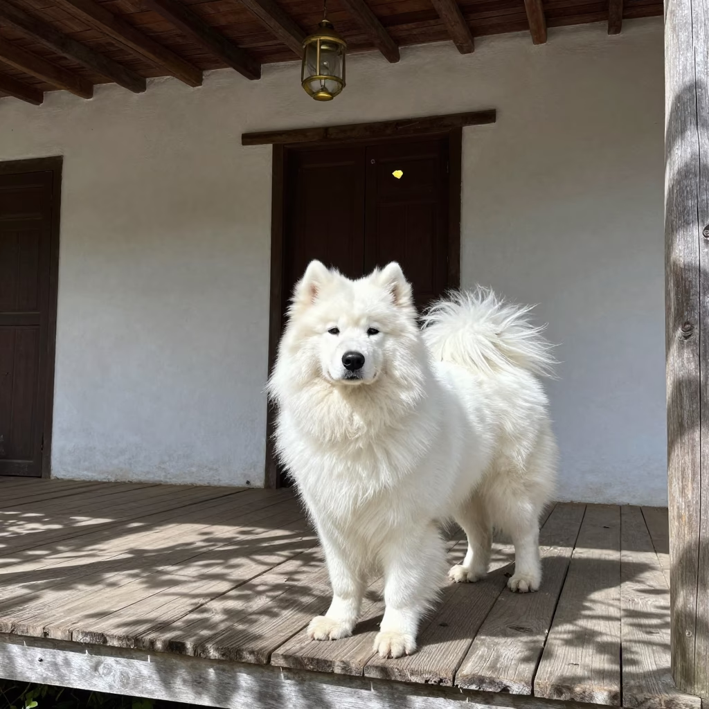 Samoyed on Shaded Porch in Guantánamo in on a shaded front porch with boards, railings, and eye-level framing in Guantánamo