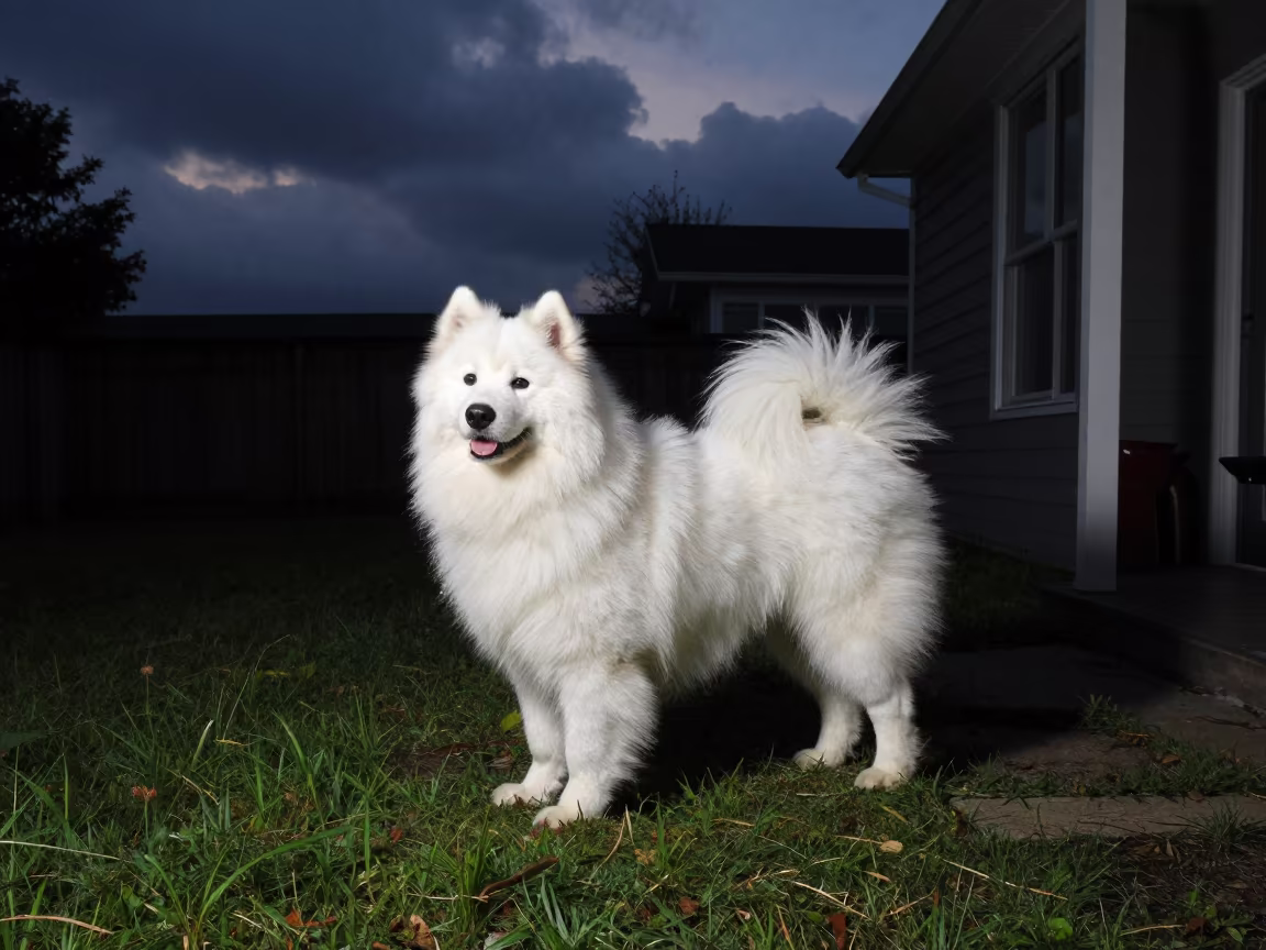 Samoyed on Shaded Porch in Haiphong Evening Light in in a small yard with clipped grass, calm light, and the animal centered in frame near Haiphong