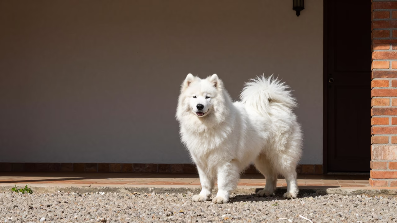 Samoyed on Shaded Porch in Porto Alegre in beside a plain courtyard wall in clear daylight with the animal at eye level in Porto Alegre