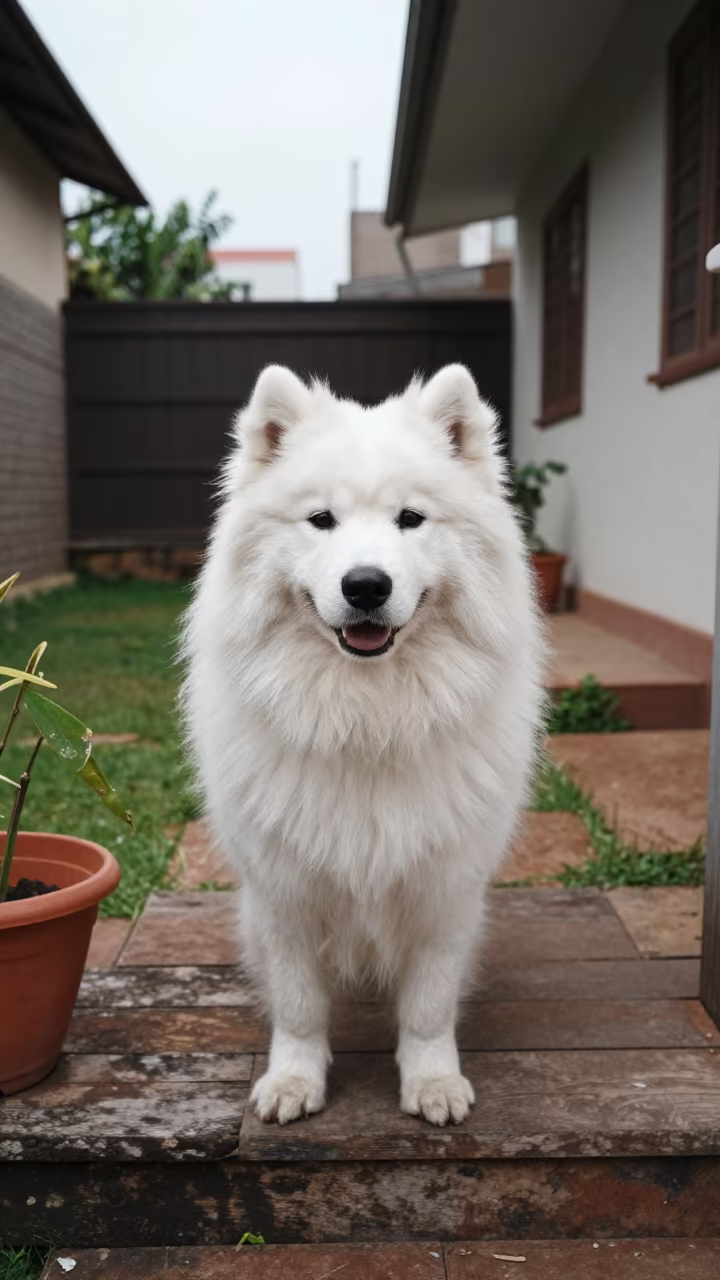 Samoyed on Shaded Porch in Visakhapatnam in in a small yard with clipped grass, calm light, and the animal centered in frame in Visakhapatnam