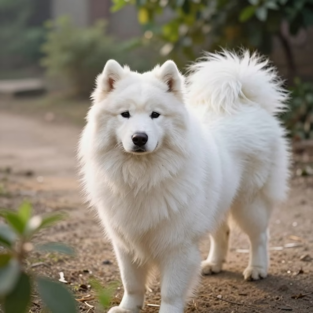 Samoyed Portrait at Garden Edge in Moradabad in near a garden edge with soft morning light and an uncluttered background in Moradabad