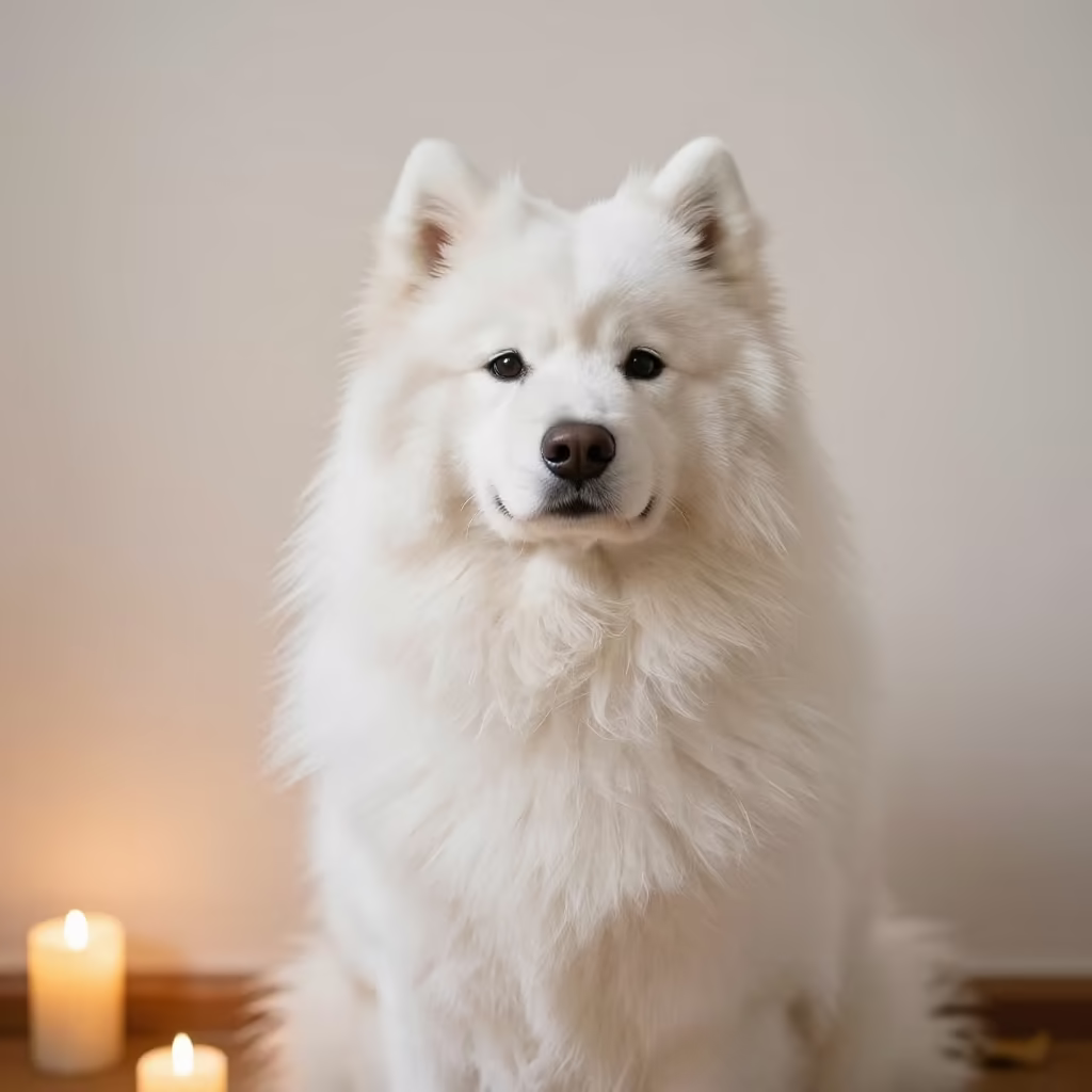 Samoyed Portrait Beside Plaster Wall in Sunset Light in beside a plain plaster wall in soft indoor light with the animal centered in frame in Hamilton