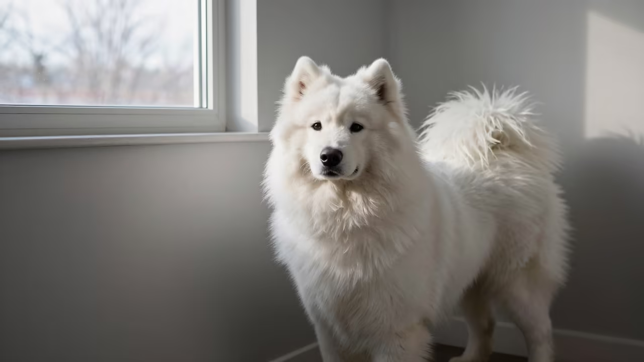 Samoyed Portrait in Early Morning Window Light in beside a plain plaster wall in soft indoor light with the animal centered in frame in Niagara Falls