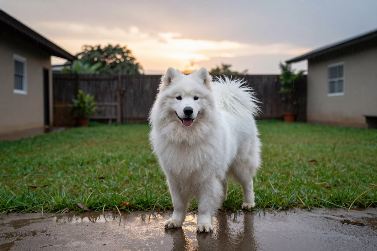 Samoyed Portrait in Lagos Monsoon Dawn in in a small yard with clipped grass, calm light, and the animal centered in frame in Lagos