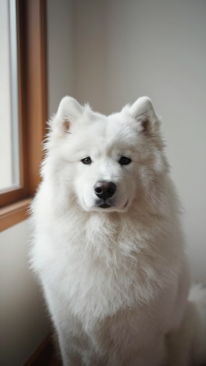 Samoyed Portrait in Soft Indoor Light Near Split in beside a plain plaster wall in soft indoor light with the animal centered in frame near Split