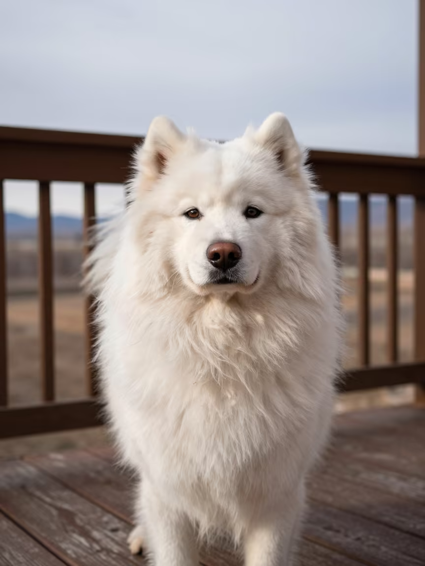 Samoyed Portrait on Denver Porch in Dusk in on a shaded front porch with boards, railings, and eye-level framing in Denver