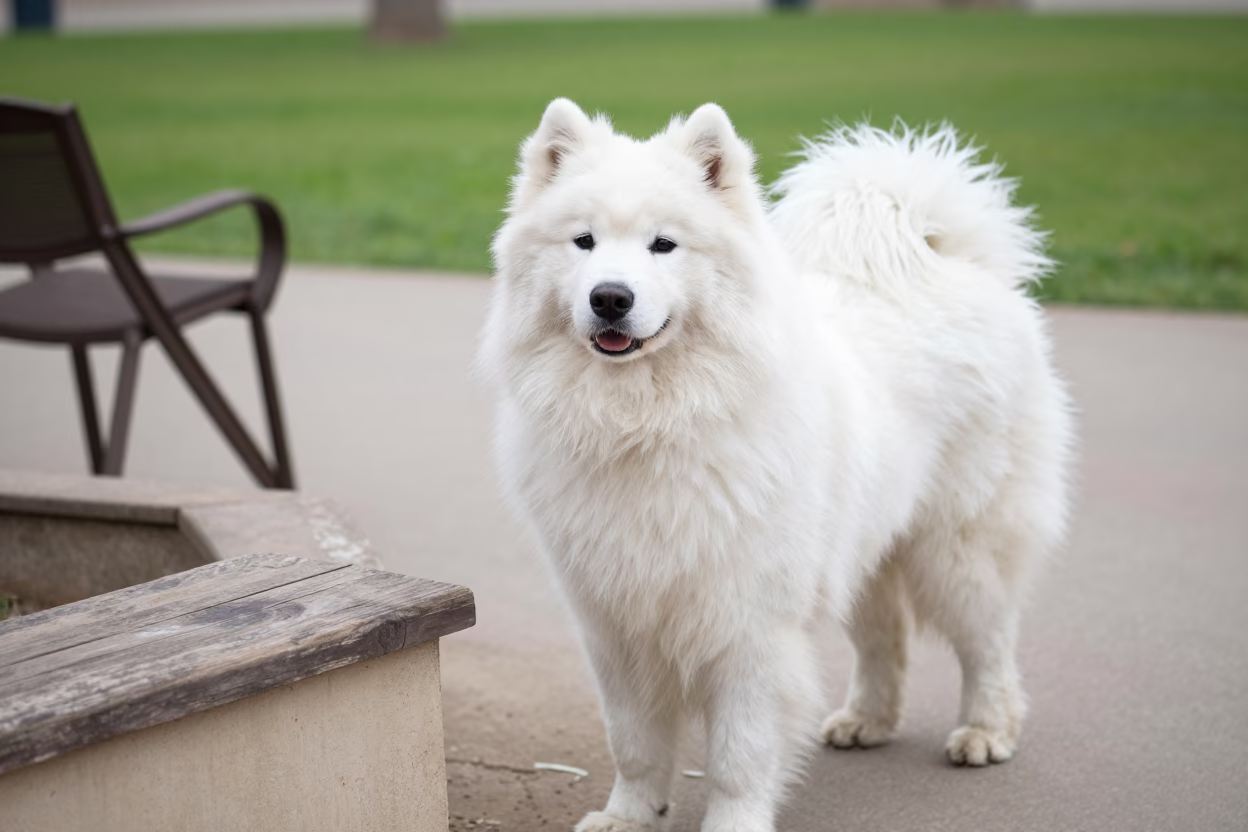 Samoyed Portrait on Kassala Park Path in along a quiet park path with soft open shade and a clean background in Kassala