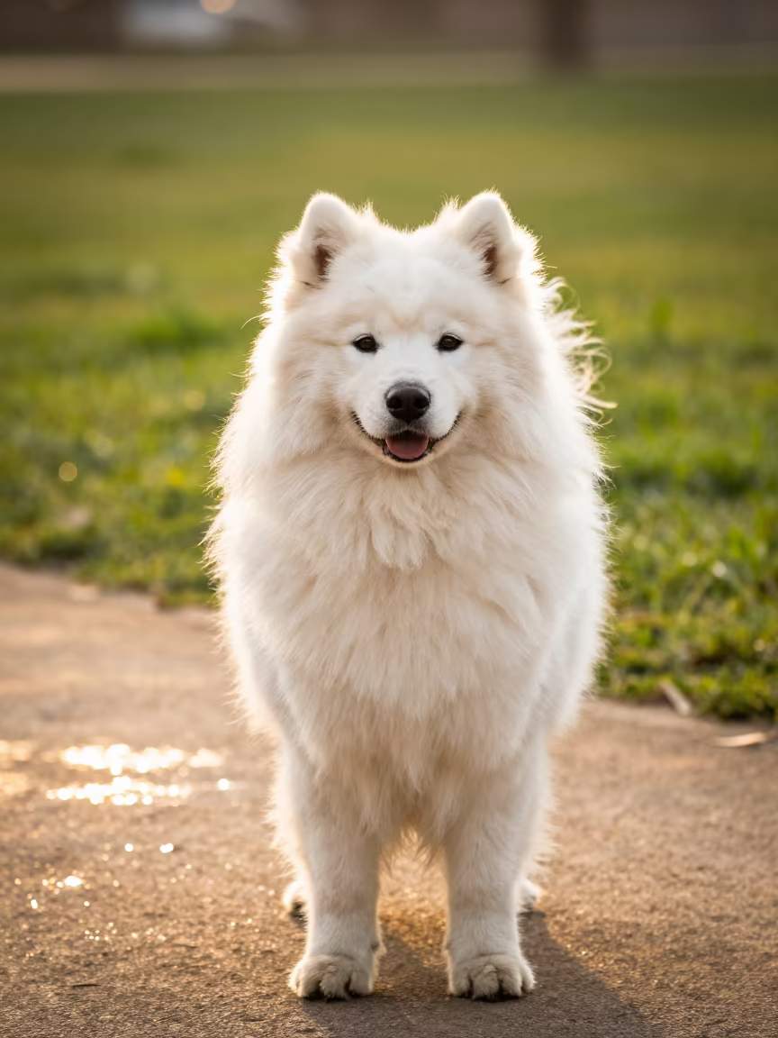 Samoyed Portrait on Quiet Park Path in Abeokuta in along a quiet park path with soft open shade and a clean background near Abeokuta