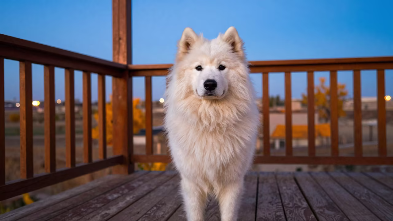 Samoyed Portrait on Shaded Kabul Porch in on a shaded front porch with boards, railings, and eye-level framing in Kabul