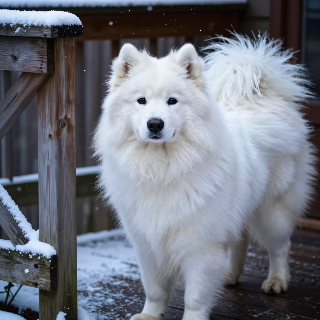 Samoyed Portrait on Weimar Porch Dawn in on a shaded front porch with boards, railings, and eye-level framing in Weimar