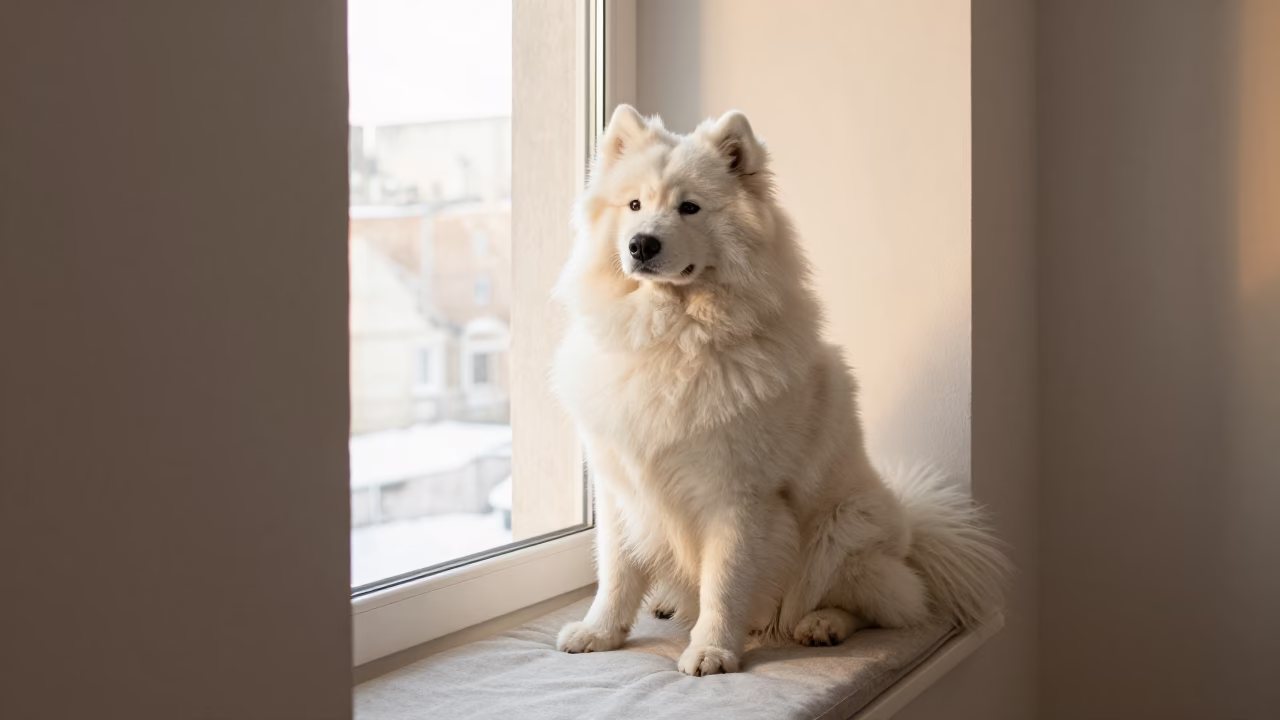 Samoyed Portrait on Window Seat in Chelyabinsk in on a cushioned window seat with soft side light and an uncluttered background in Chelyabinsk