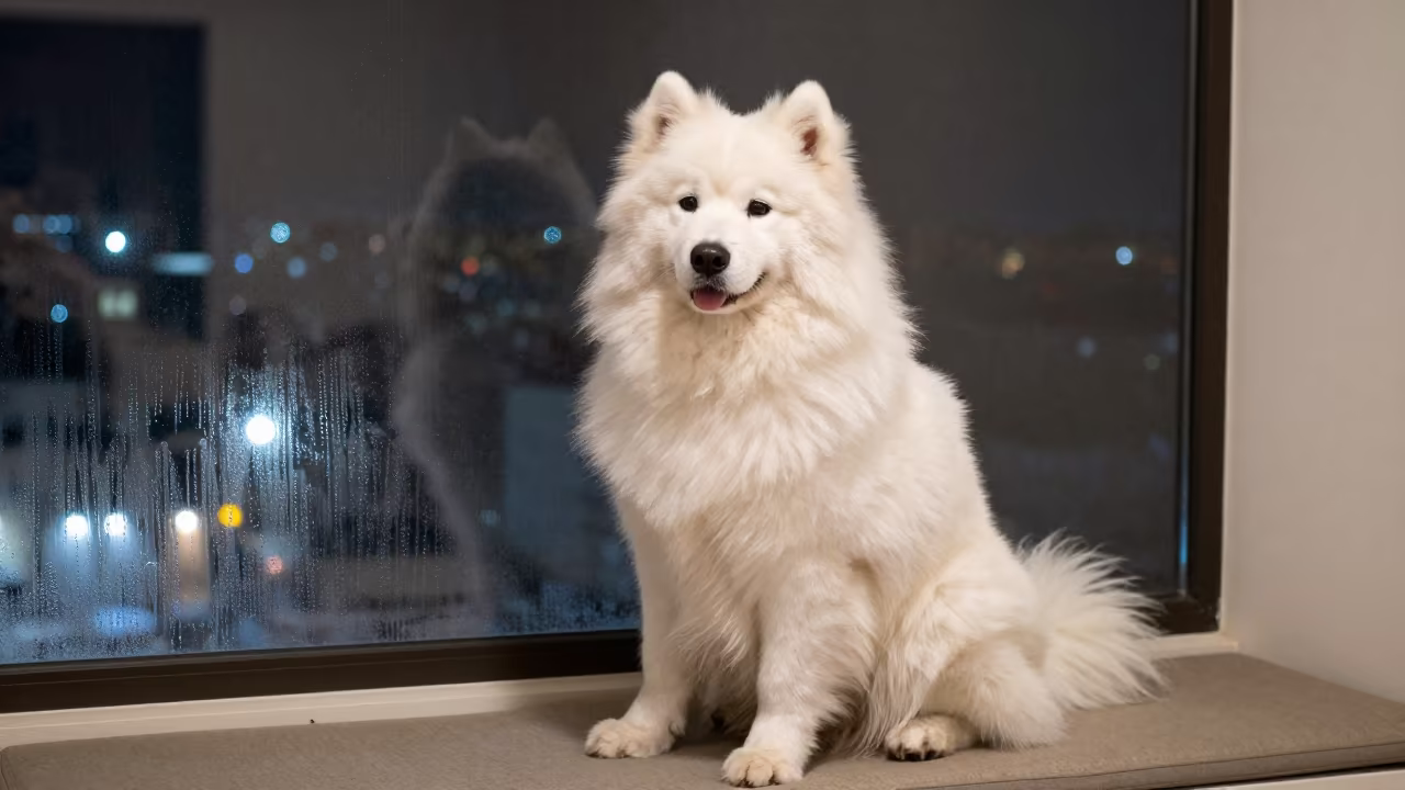 Samoyed Portrait on Window Seat in Kismayo in on a cushioned window seat with soft side light and an uncluttered background in Kismayo