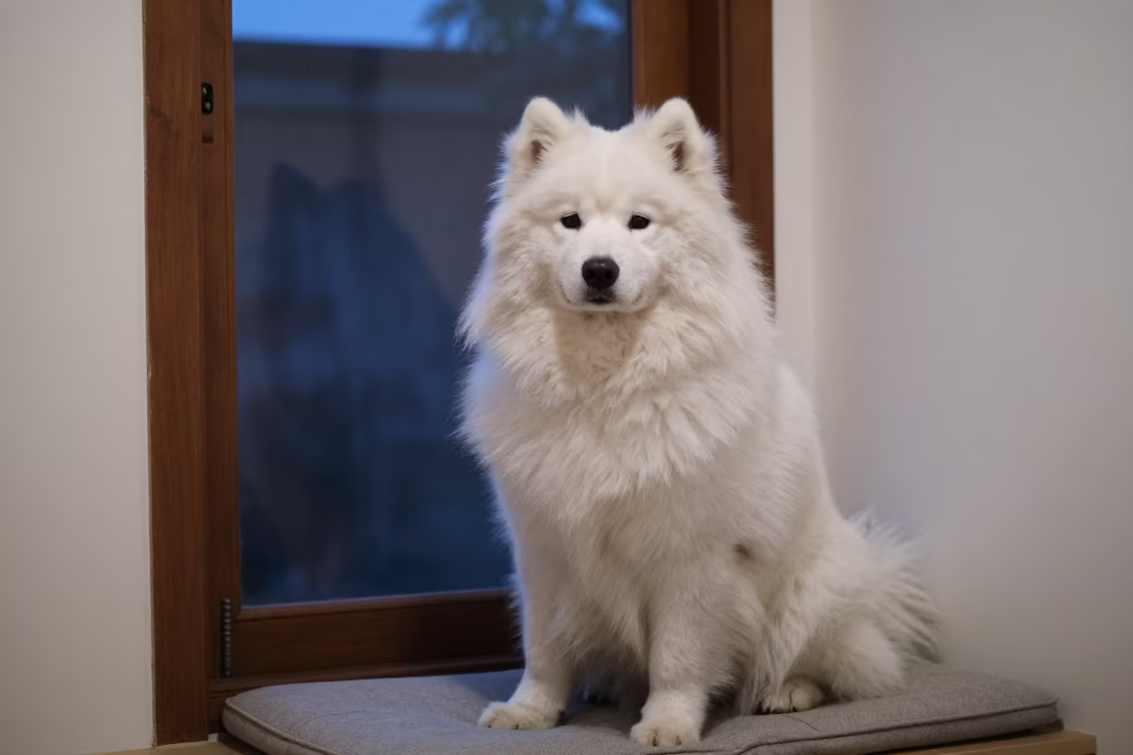 Samoyed Portrait on Window Seat in Yangon Twilight in on a cushioned window seat with soft side light and an uncluttered background near Yangon