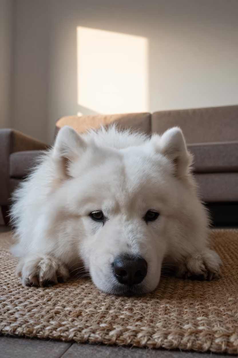 Samoyed Resting on Woven Rug in Oshawa Home in on a woven rug beside a low couch and an uncluttered wall in Oshawa