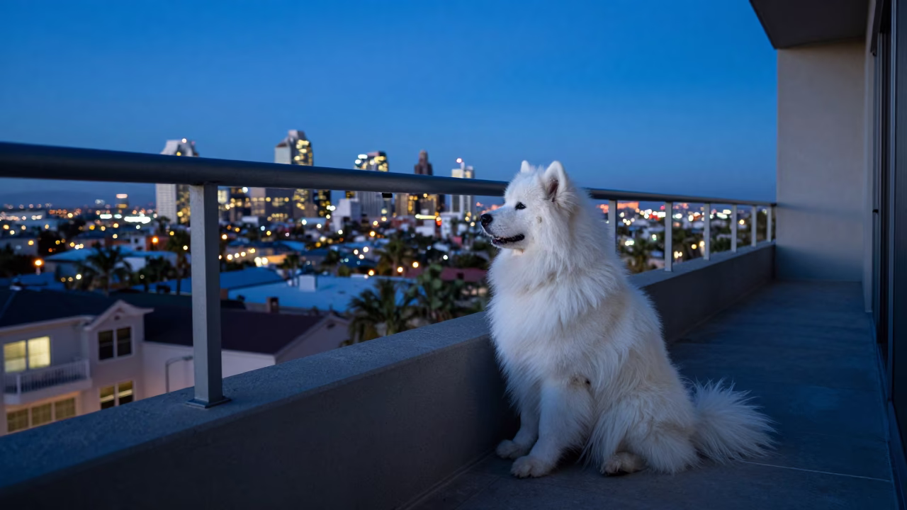 Samoyed Waiting on Balcony During Blue Hour in San Diego in in San Diego, California, United States