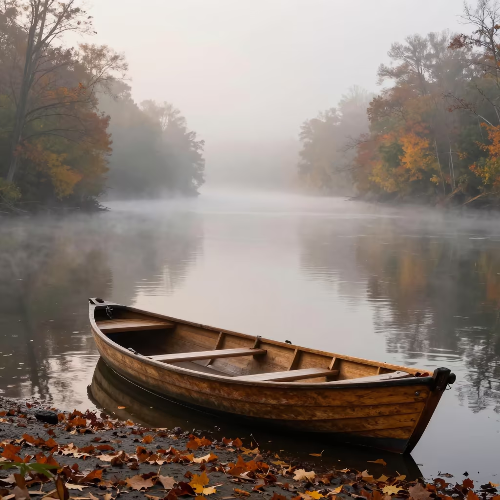 Sampan in Autumn Fog at Georgia Harbor Dawn in beside a fogbound harbor mouth in Georgia