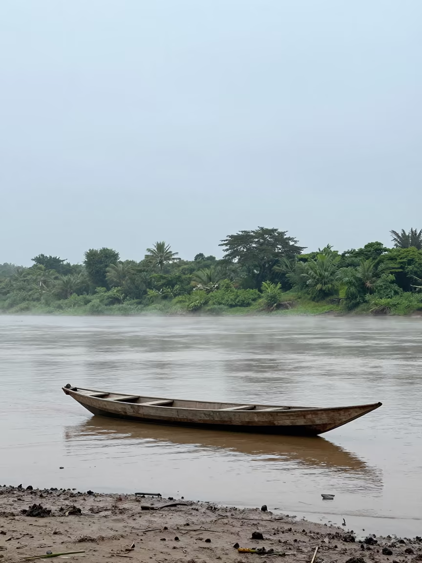 Sampan Ferry Crossing Misty Sumatra River in across a remote ferry crossing in Sumatra