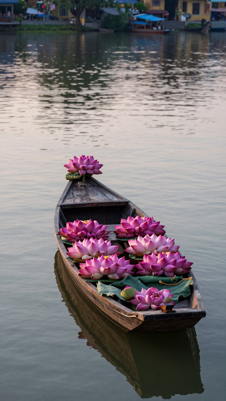 Sampan Loaded at Sunrise Light in Hoi An in in Hoi An, Vietnam