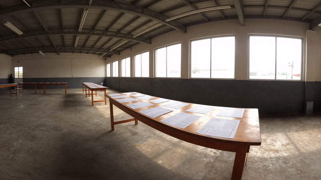 Sample ballots on desk in Guatemala City polling station in inside a polling station gymnasium near Guatemala City