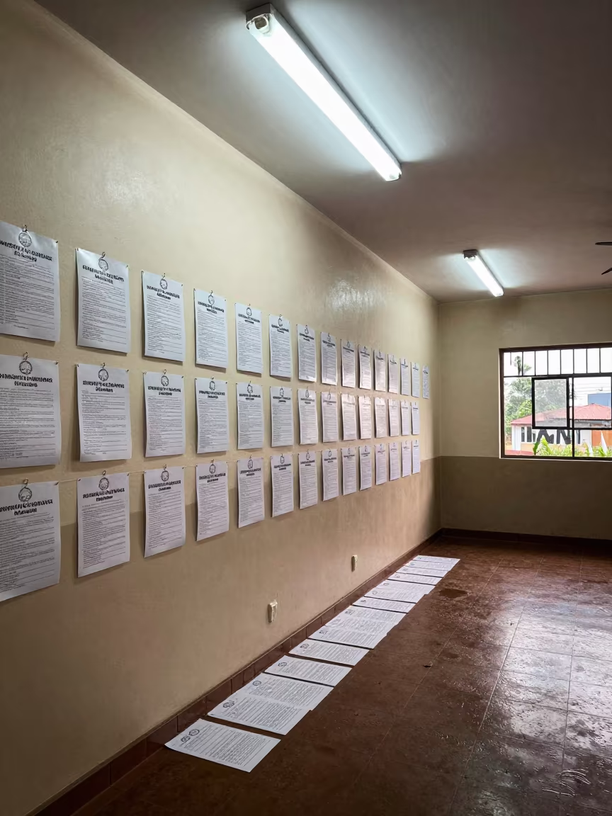 Sample Ballots Hang on Wet Town Hall Wall in in a fluorescent town hall meeting room near Bertoua