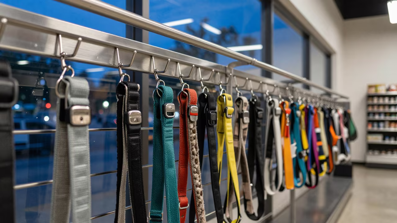 San Antonio Pet Store Leash Hook Rail Twilight in inside a pet store aisle in San Antonio