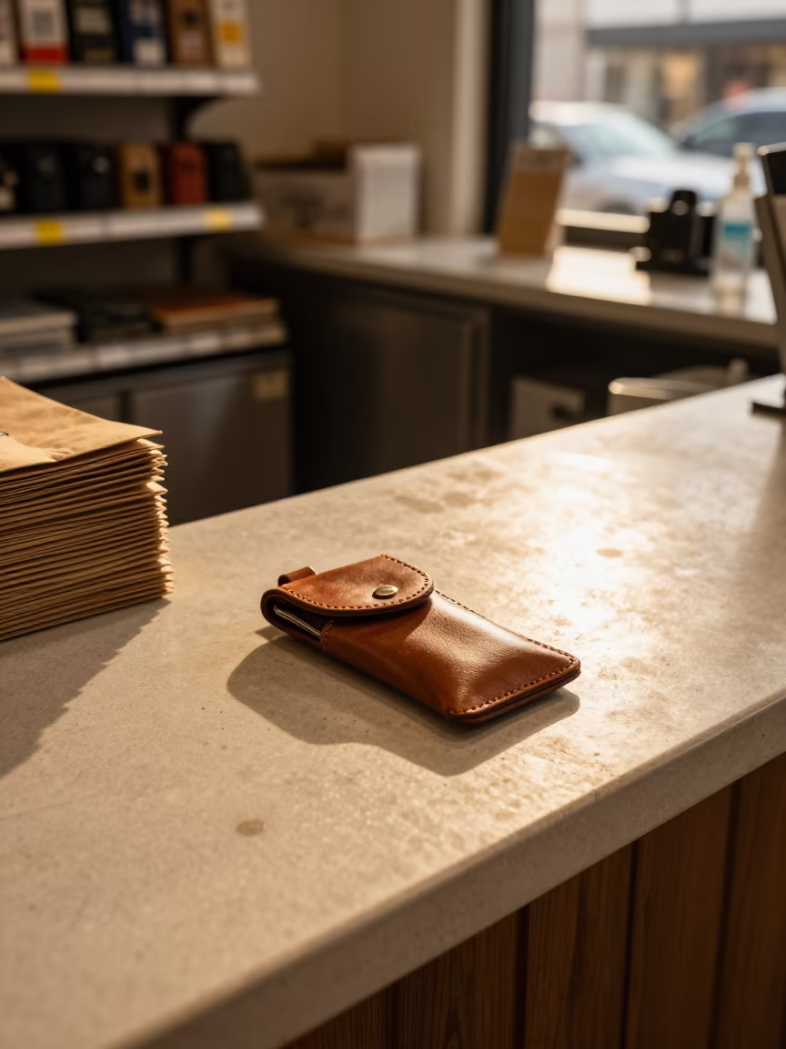 San Antonio Retail Attendant Key Pouch in at a cash wrap counter with bags stacked nearby in San Antonio