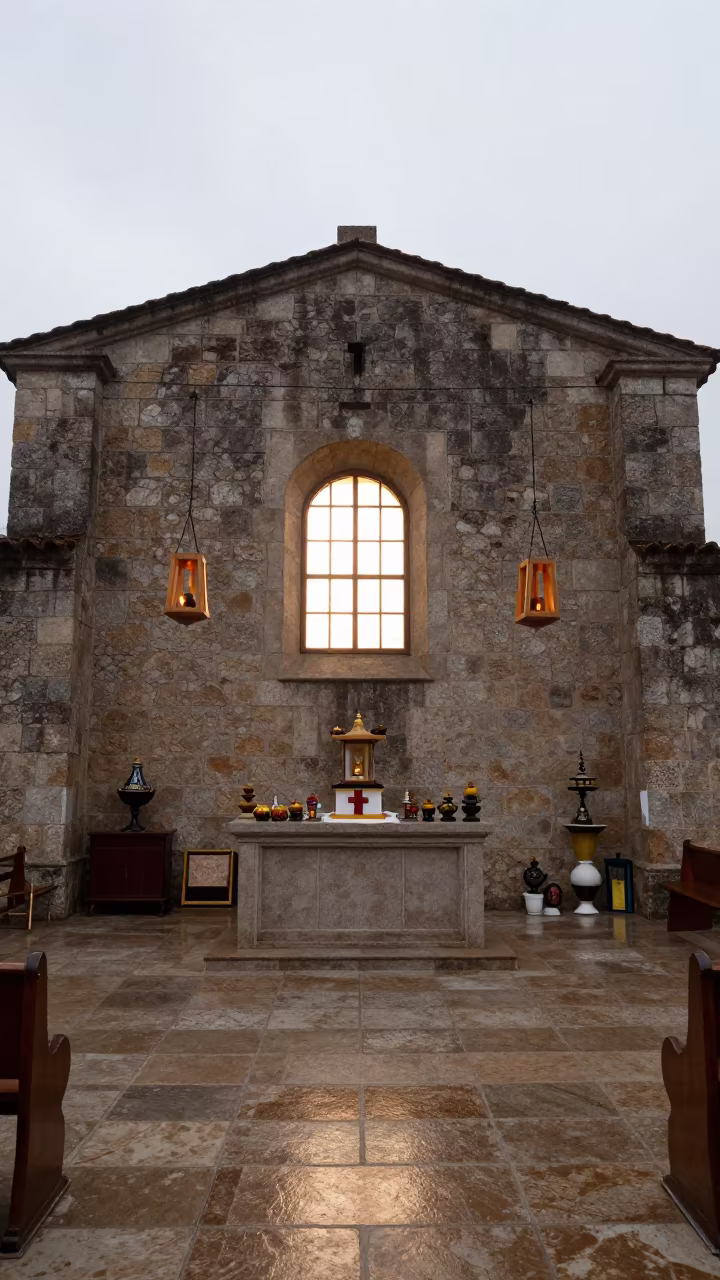 San Cristóbal Chapel Winter Ritual Light in inside a stone chapel in San Cristóbal