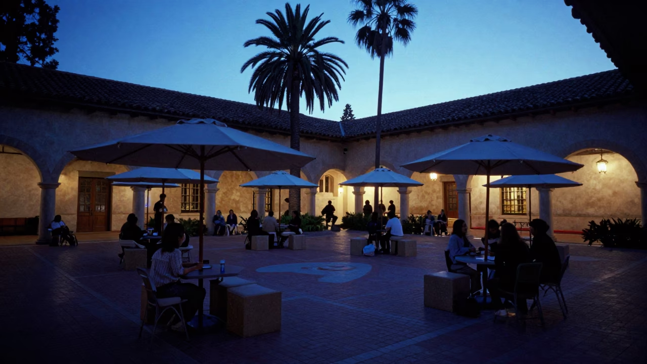 San Diego Balboa Park Courtyard Evening Umbrellas Seminar Blocks in in San Diego, California, United States