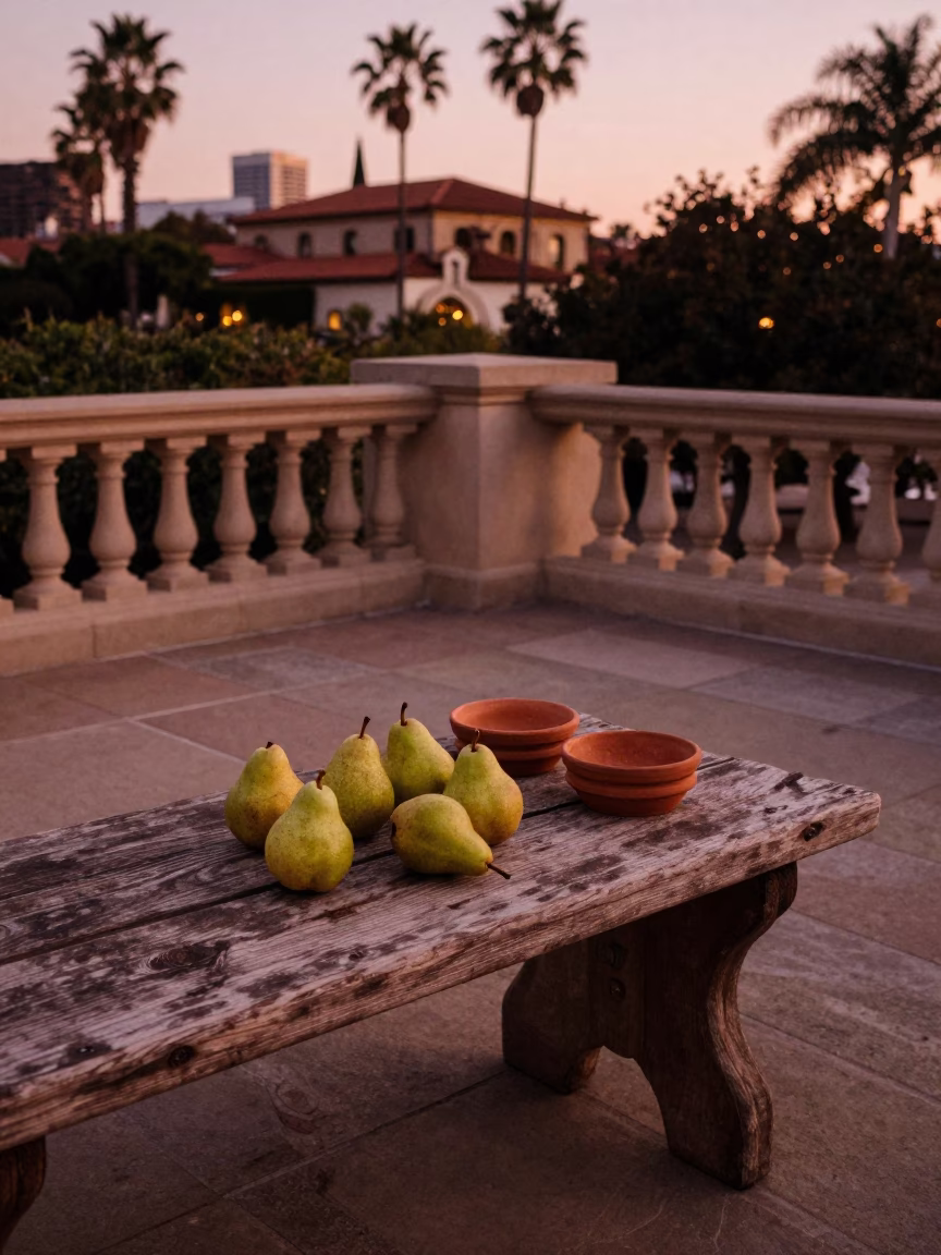 San Diego Balboa Park terrace at dusk with pears and terracotta bowls in in San Diego, California, United States