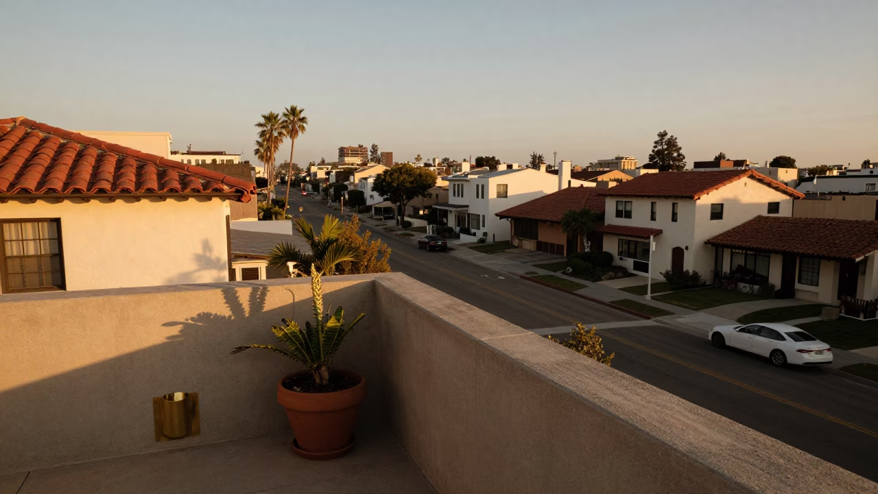 San Diego Balcony Evening View with Potted Plant and Brass Decanter in in San Diego, California, United States