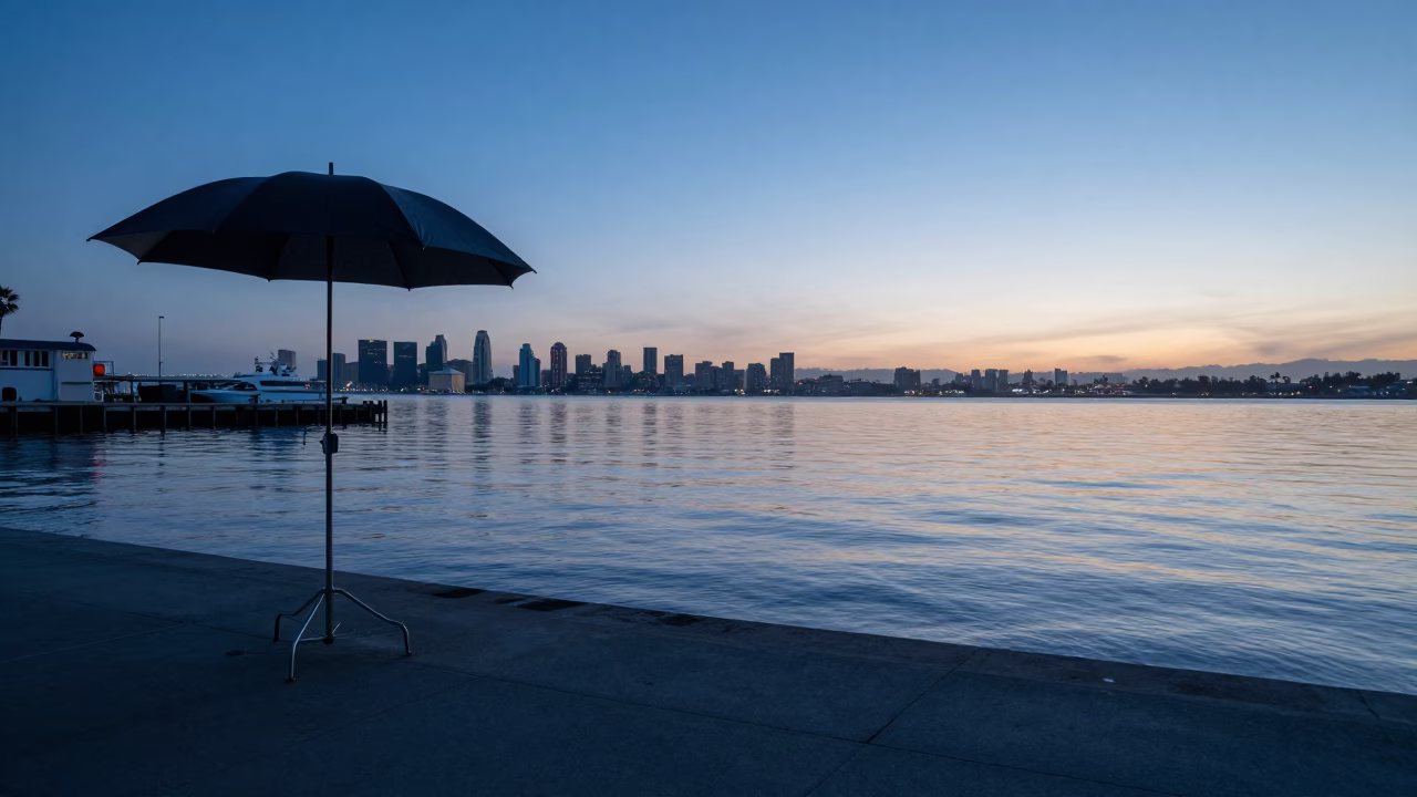 San Diego Bay Before Sunrise with Umbrella Stand and Harbor Details in in San Diego, California, United States