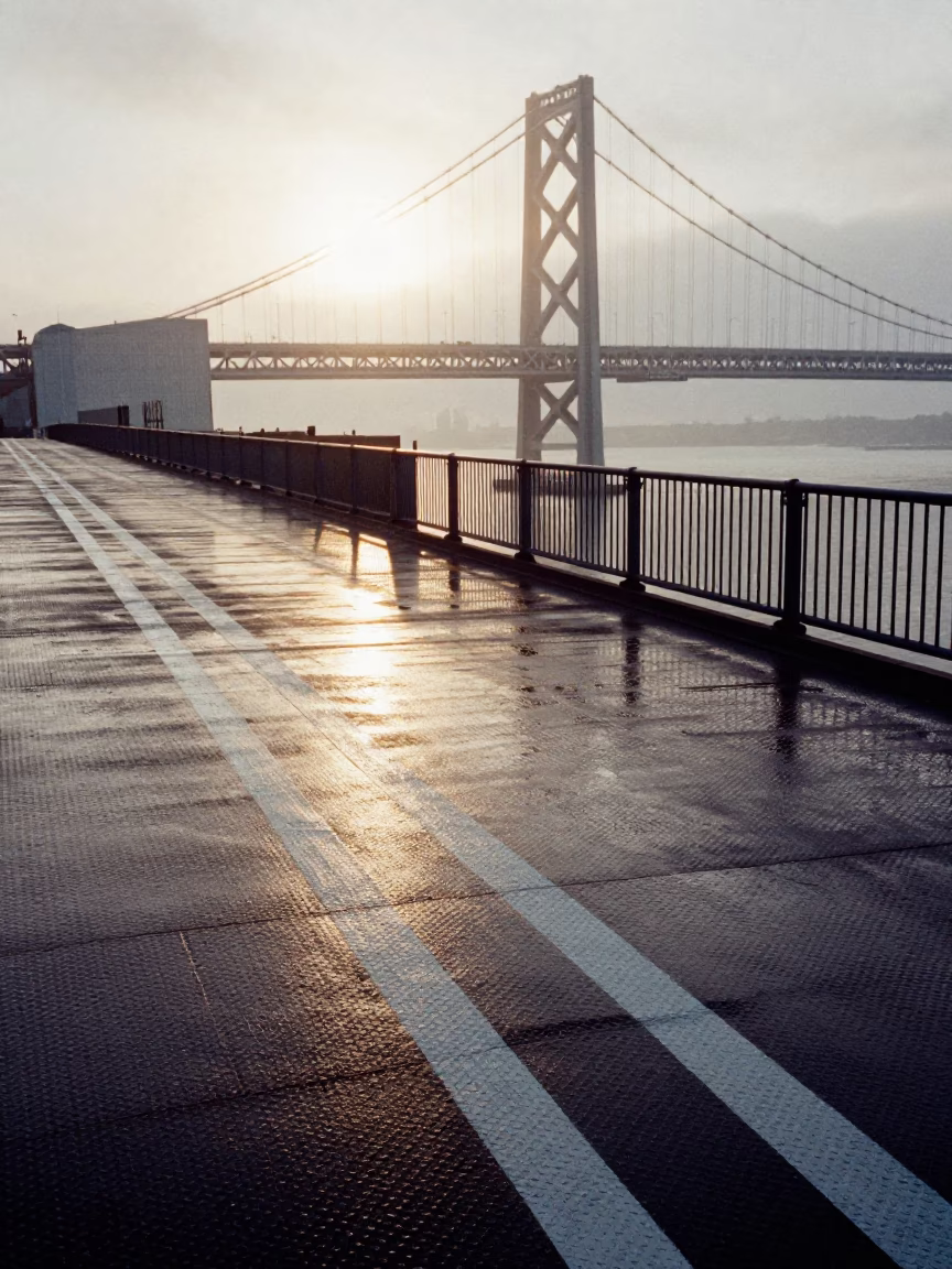 San Diego Bay Bridge Drawbridge Deck Markings Shining Under Harbor Drizzle at Nautical Dawn in in San Diego, California, United States