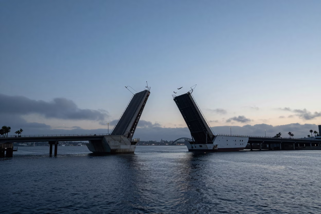 San Diego Bay Nautical Dawn Drawbridge Raising for Tall Ship Harbor View in in San Diego, California, United States