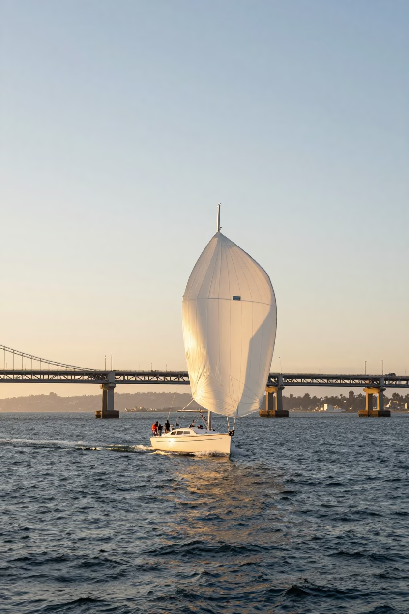 San Diego Bay Sunrise Sailboat with Spinnaker and Bridge Pier in in San Diego, California, United States