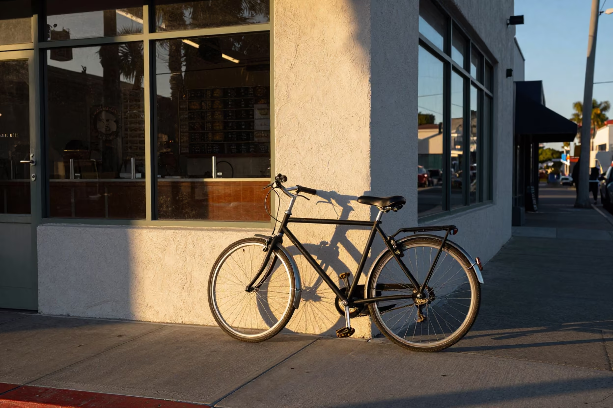 San Diego Bicycle Propped Against Bakery at Dawn with Morning Light in in San Diego, California, United States