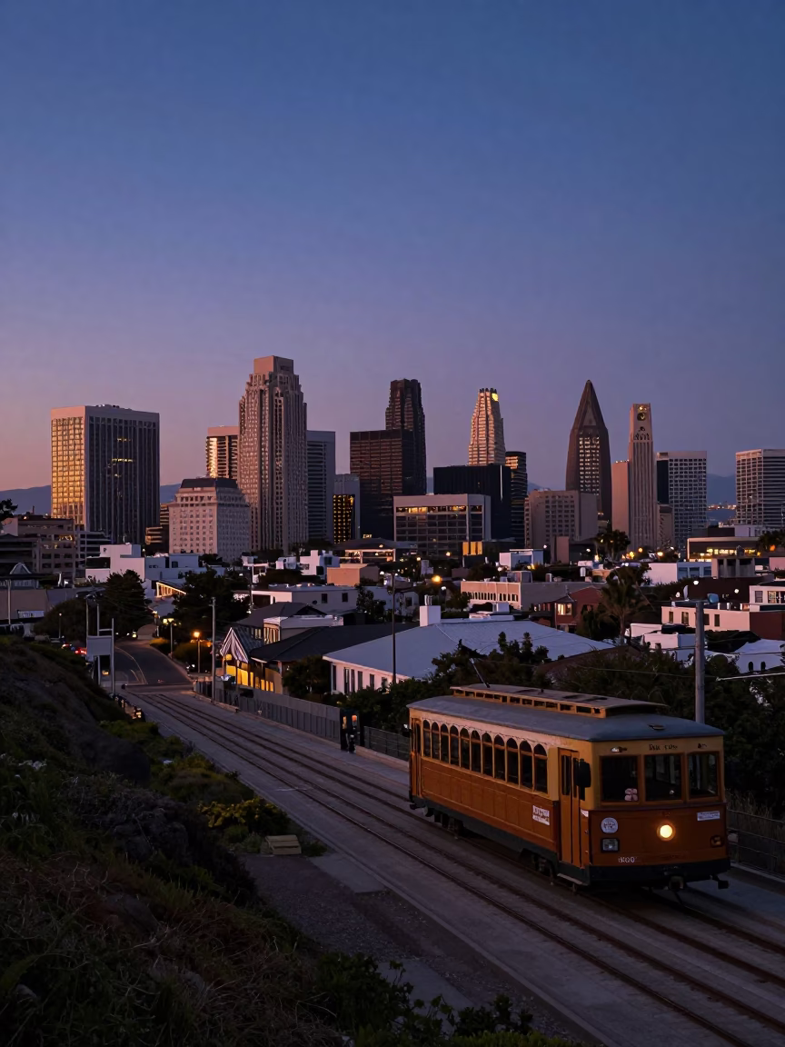 San Diego Blue Hour Cityscape with Funicular Climbing Steep Hill at Sunset in in San Diego, California, United States