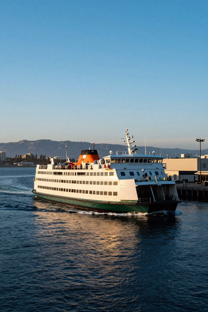 San Diego Blue Hour Harbor Ferry Departure with Mountain Backdrop in in San Diego, California, United States