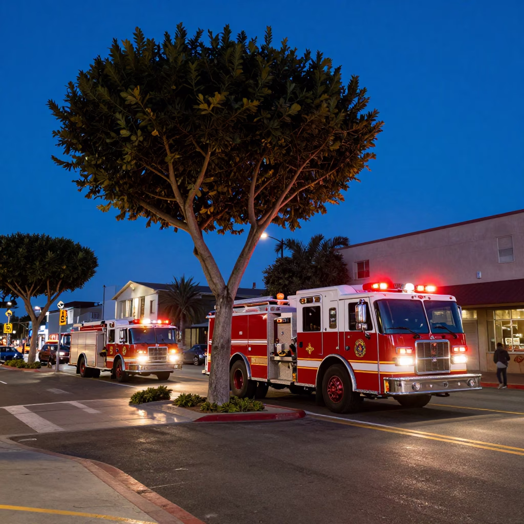 San Diego Blue Hour Street Scene with Fire Engine and Fig Tree in in San Diego, California, United States