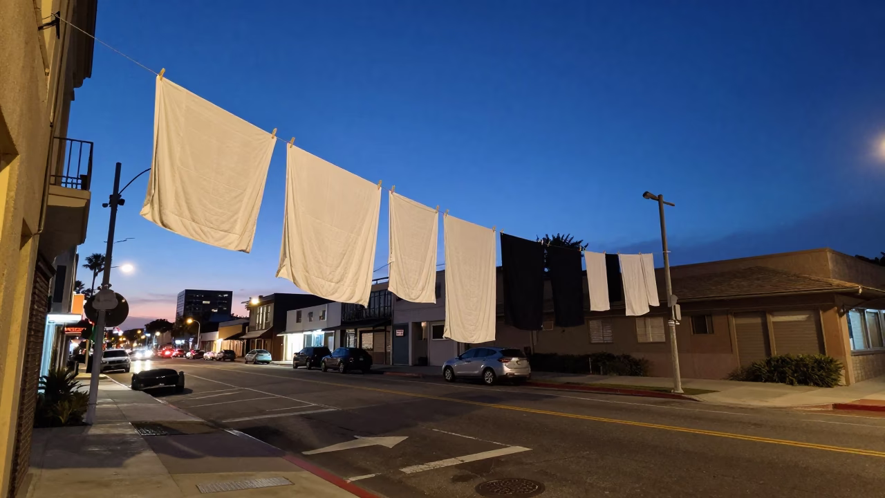 San Diego Blue Hour Street Scene with Hanging Laundry and Urban Details in in San Diego, California, United States
