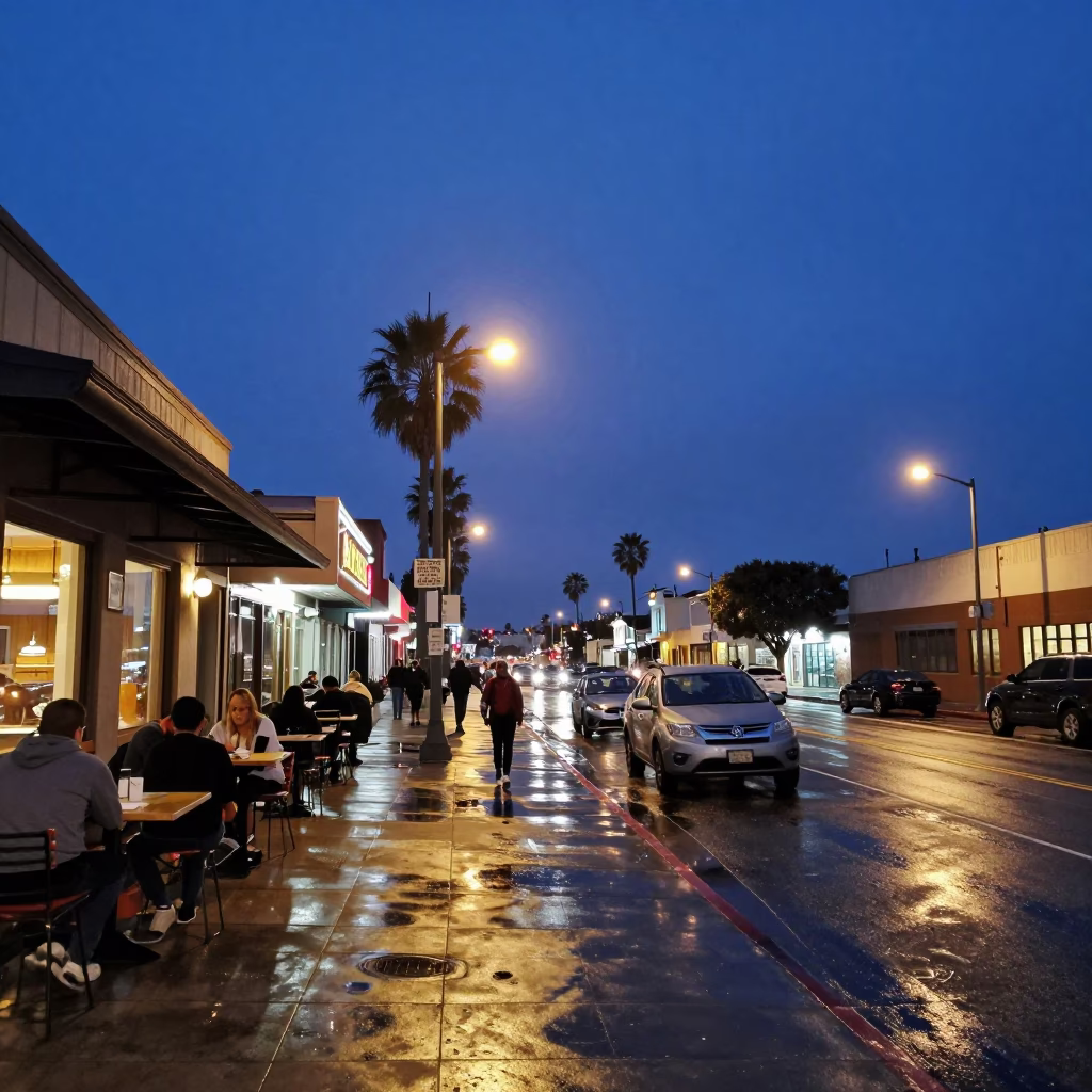 San Diego Blue Hour Street Scene with Local Dining Elements and Urban Ambience in in San Diego, California, United States