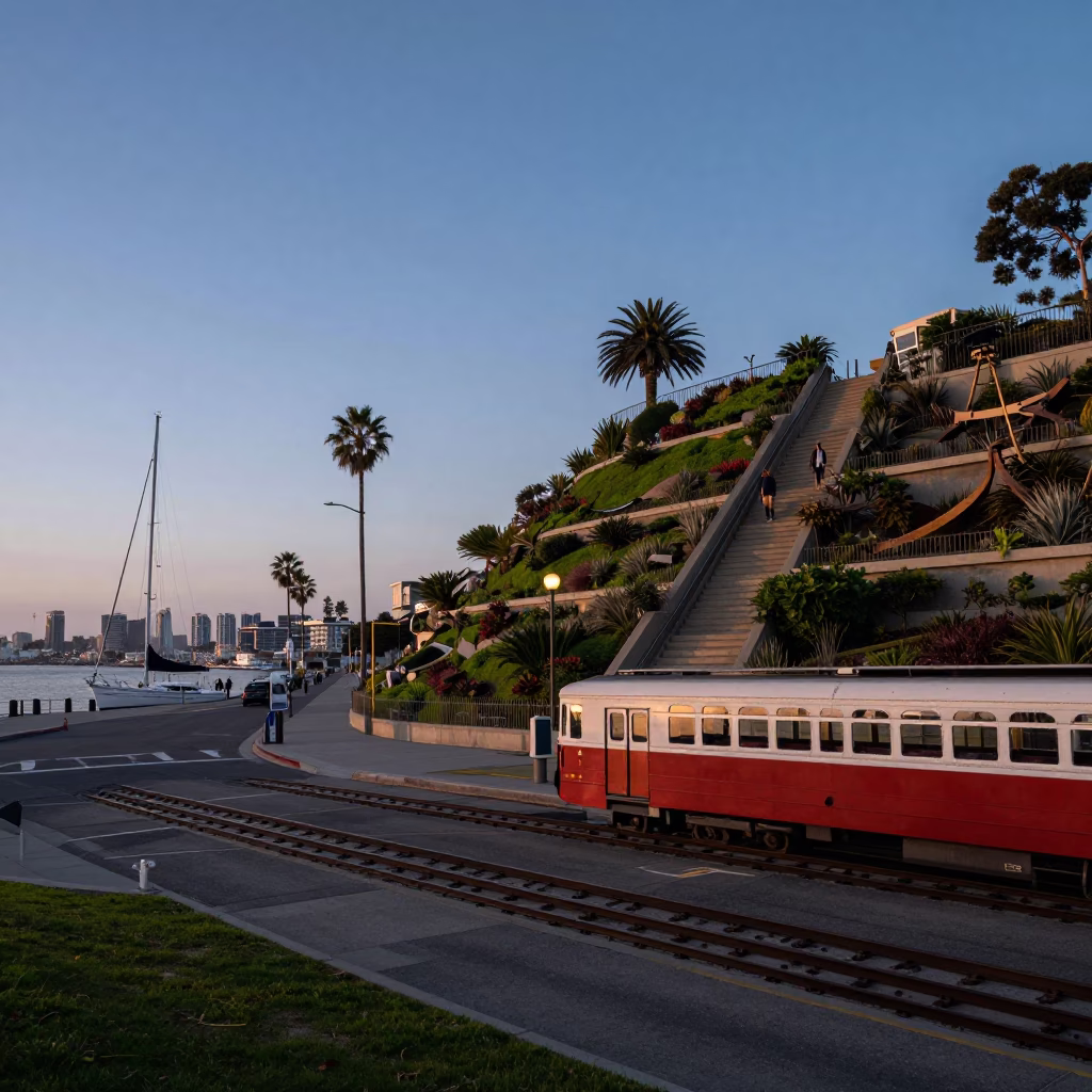 San Diego Blue Hour Street Scene with Sailboat and Funicular Garden Terraces in in San Diego, California, United States