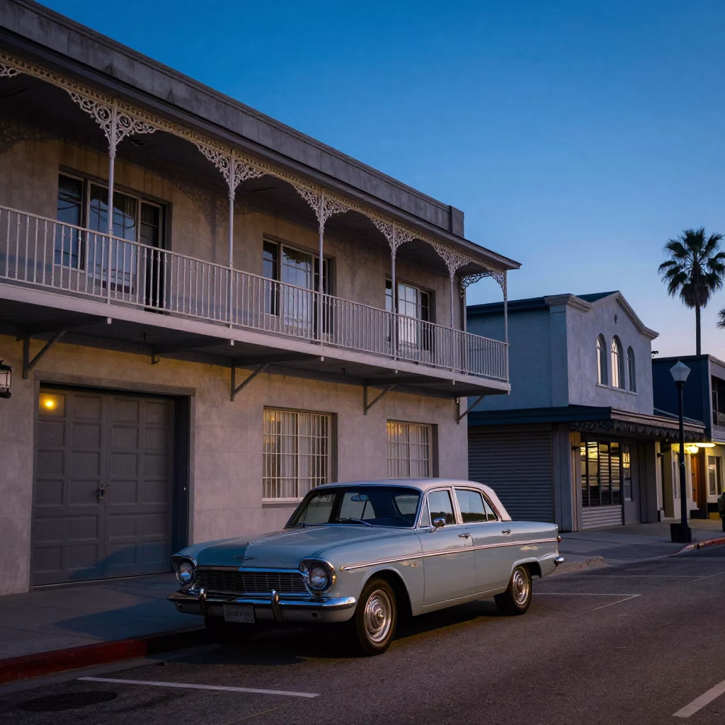 San Diego blue hour street scene with vintage 1970s architecture and urban details in in San Diego, California, United States