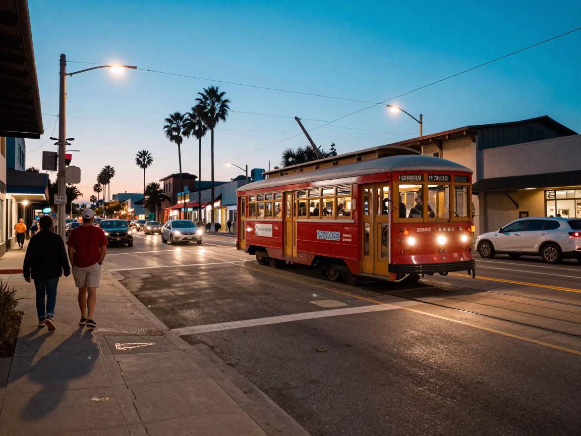 San Diego Blue Hour Street Scene with Vintage Tram and Local Life in in San Diego, California, United States